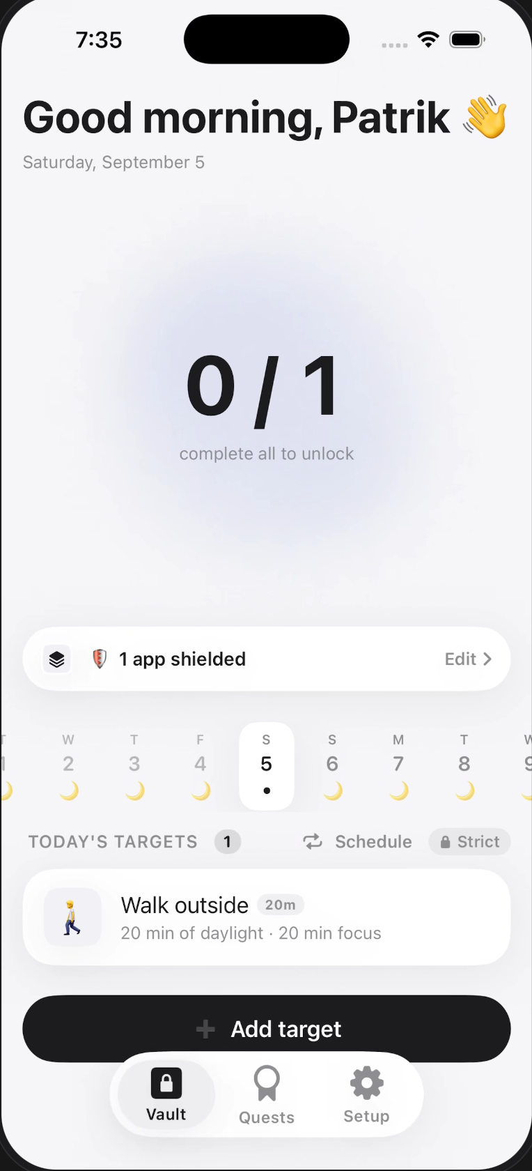 Earnee vault showing shielded apps and today's targets