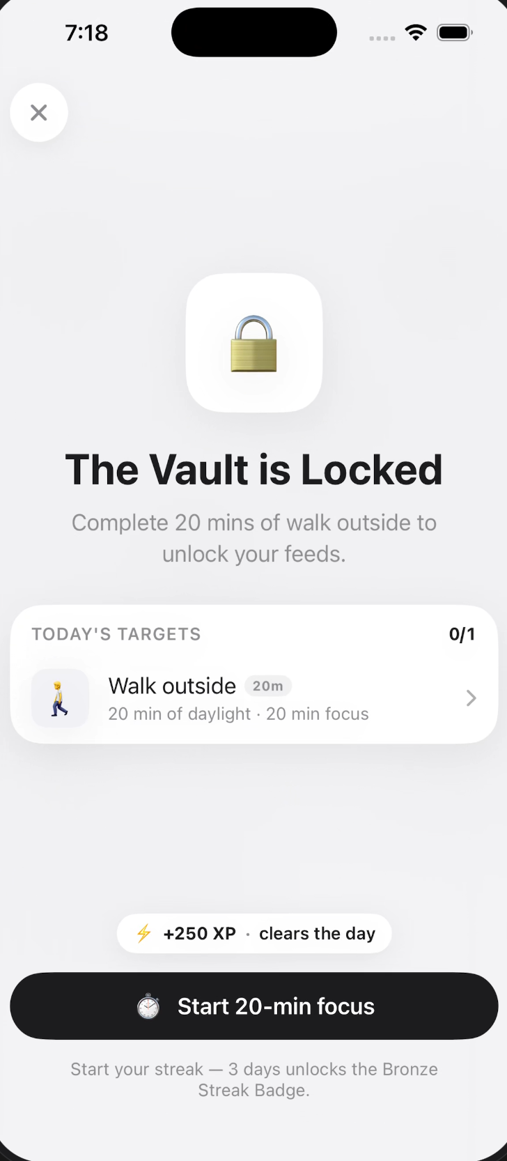 Earnee locked vault with today's target and focus timer